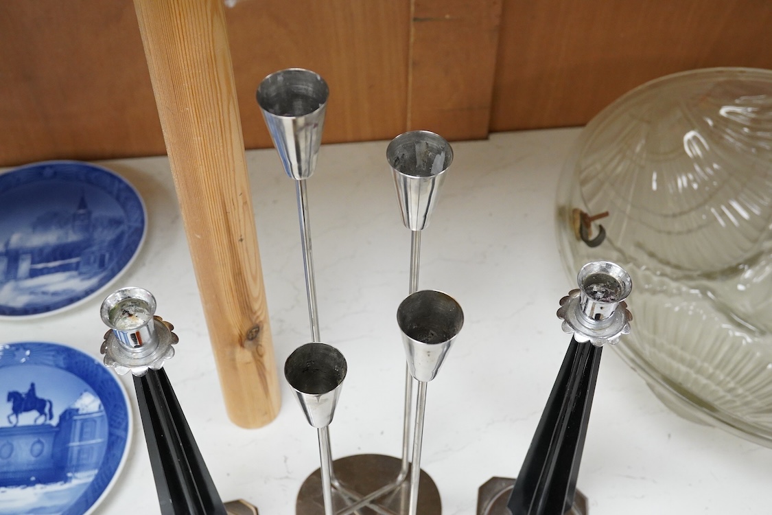 A 1960s Danish Modernist four light candelabrum, a 1940s pair of candlesticks and a West German mug, largest 37cm high